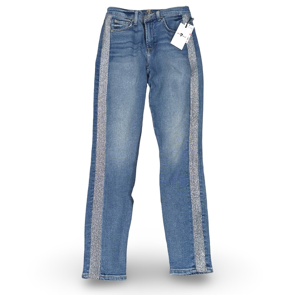 7 For All Mankind Luxe Vintage High Waist Ankle Skinny Jeans Silver Stripe 26
